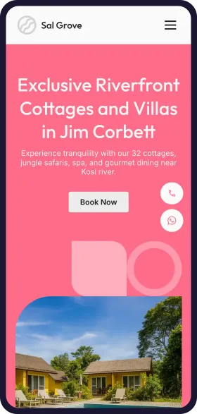 On a phone, the finished Sal Grove Resort website with the headline Exclusive Riverfront Cottages and Villas in Jim Corbett and a Book Now button
