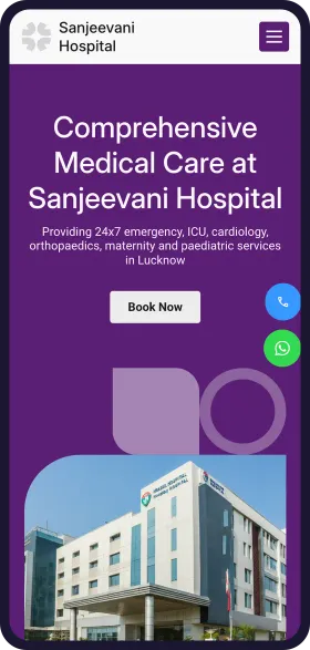 On a phone, the finished Sanjeevani Hospital website with the headline Comprehensive Medical Care at Sanjeevani Hospital, a Book Now button, call and WhatsApp buttons and a photo of a hospital building