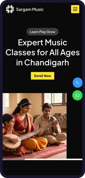On a phone, the finished Sargam School of Music website with the headline Expert Music Classes for All Ages in Chandigarh, an Enroll Now button and a photo of a family playing sitar and tabla