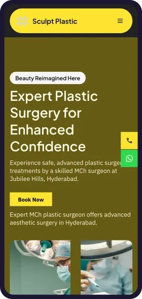 On a phone, the finished Sculpt Plastic website with the headline Expert Plastic Surgery for Enhanced Confidence, a Book Now button and call and WhatsApp buttons