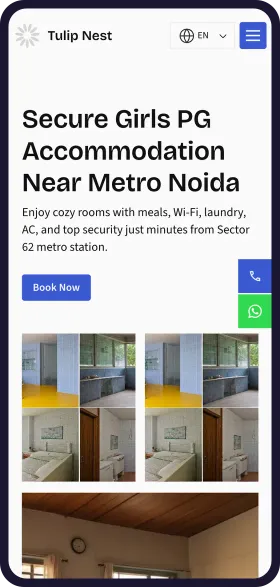 On a phone, the finished Tulip Nest PG & Hostel website with the headline Secure Girls PG Accommodation Near Metro Noida and a Book Now button