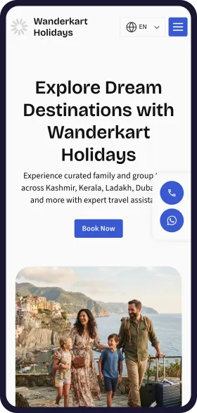 On a phone, the finished Wanderkart Holidays website with the headline Explore Dream Destinations with Wanderkart Holidays and a Book Now button