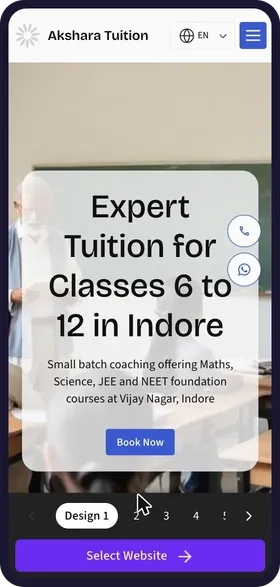 On a phone, tapping through 5 of the 6 website designs made for Akshara Tuition & Coaching Classes, each with its own colours, classroom photos and headline