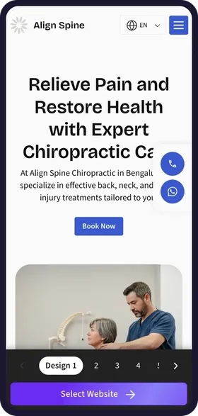 On a phone, tapping through the 6 website designs made for Align Spine Chiropractic, each with its own colours and headline