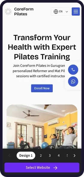 On a phone, tapping through the 6 website designs made for CoreForm Pilates, each with its own colours, class photos and headline