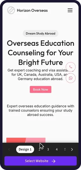 On a phone, tapping through the 6 website designs made for Horizon Overseas Education, each with its own colours, student photos and headline