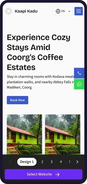 On a phone, tapping through the 6 website designs made for Kaapi Kadu Homestay, each with its own colours, estate cottage photos and headline