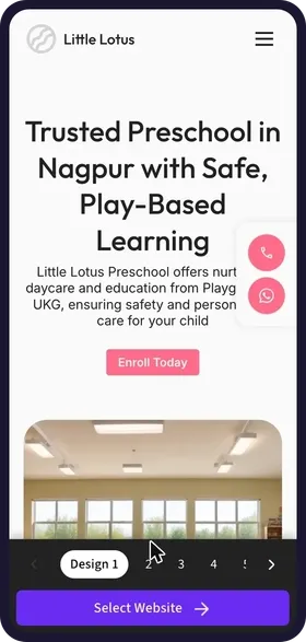 On a phone, tapping through the 6 website designs made for Little Lotus Preschool, each with its own colours, classroom photos and headline