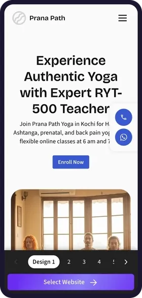 On a phone, tapping through the 6 website designs made for Prana Path Yoga, each with its own colours, studio photos and headline