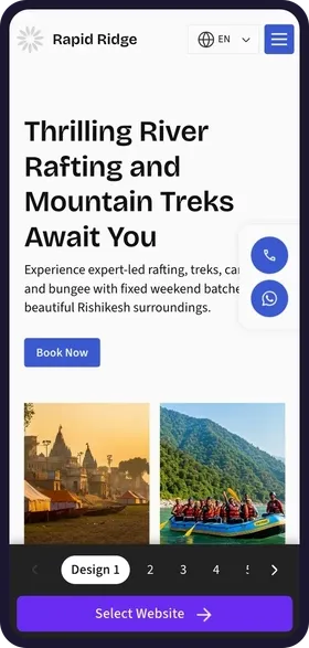 On a phone, tapping through the 6 website designs made for Rapid Ridge Adventures, each with its own colours, rafting and trek photos and headline