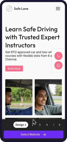 On a phone, tapping through the 6 website designs made for Safe Lane Motor Driving School, each with its own colours, photos of learners driving and headline