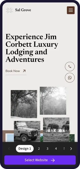 On a phone, tapping through the 6 website designs made for Sal Grove Resort, each with its own colours, safari and cottage photos and headline