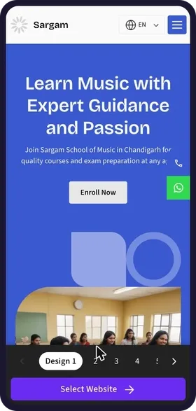 On a phone, tapping through the 6 website designs made for Sargam School of Music, each with its own colours, photos of students playing and headline