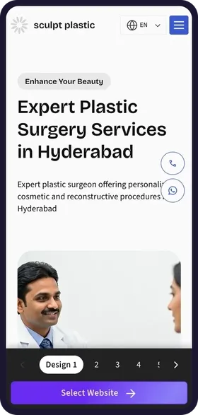 On a phone, tapping through the 6 website designs made for Sculpt Plastic & Aesthetic Surgery, each with its own colours and headline