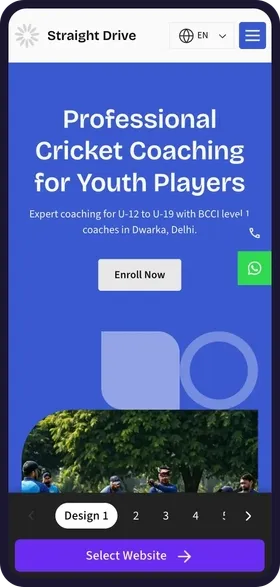 On a phone, tapping through the 6 website designs made for Straight Drive Cricket Academy, each with its own colours, cricket photos and headline