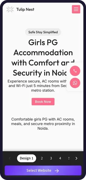 On a phone, tapping through the 6 website designs made for Tulip Nest PG & Hostel, each with its own colours, room photos and headline