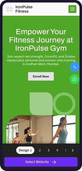 On a phone, tapping through the 6 website designs made for IronPulse Fitness, each with its own colours, workout photos and headline