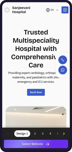 On a phone, tapping through the 6 website designs made for Sanjeevani Multispeciality Hospital, each with its own colours and headline