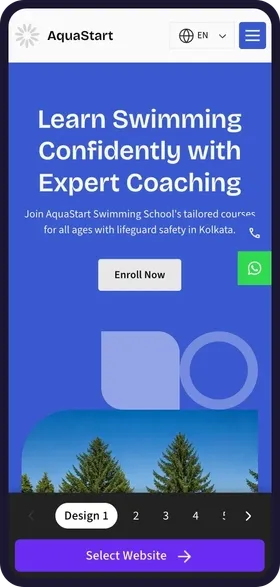 On a phone, tapping through the 6 website designs made for AquaStart Swimming School, each with its own colours, pool photos and headline