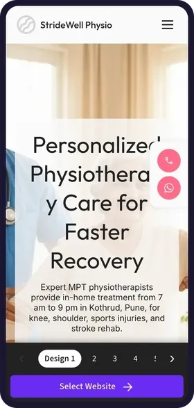 On a phone, tapping through the 6 website designs made for StrideWell Physiotherapy, each with its own colours and headline