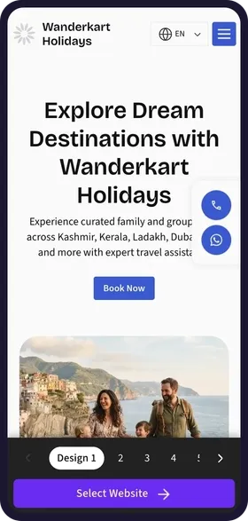 On a phone, tapping through the 6 website designs made for Wanderkart Holidays, each with its own colours, travel photos and headline