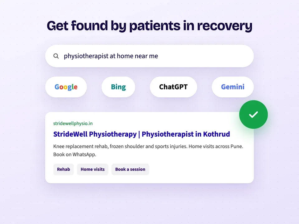 A physiotherapy clinic showing up for "physiotherapist at home near me" on Google, Bing, ChatGPT and Gemini