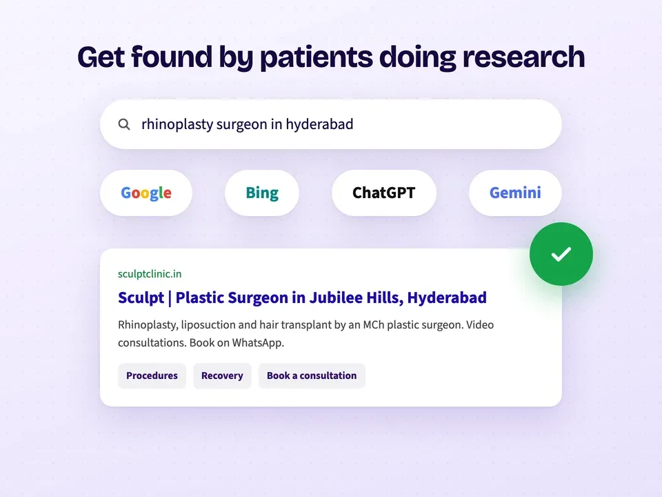 A plastic surgery clinic showing up for "rhinoplasty surgeon in Hyderabad" on Google, Bing, ChatGPT and Gemini