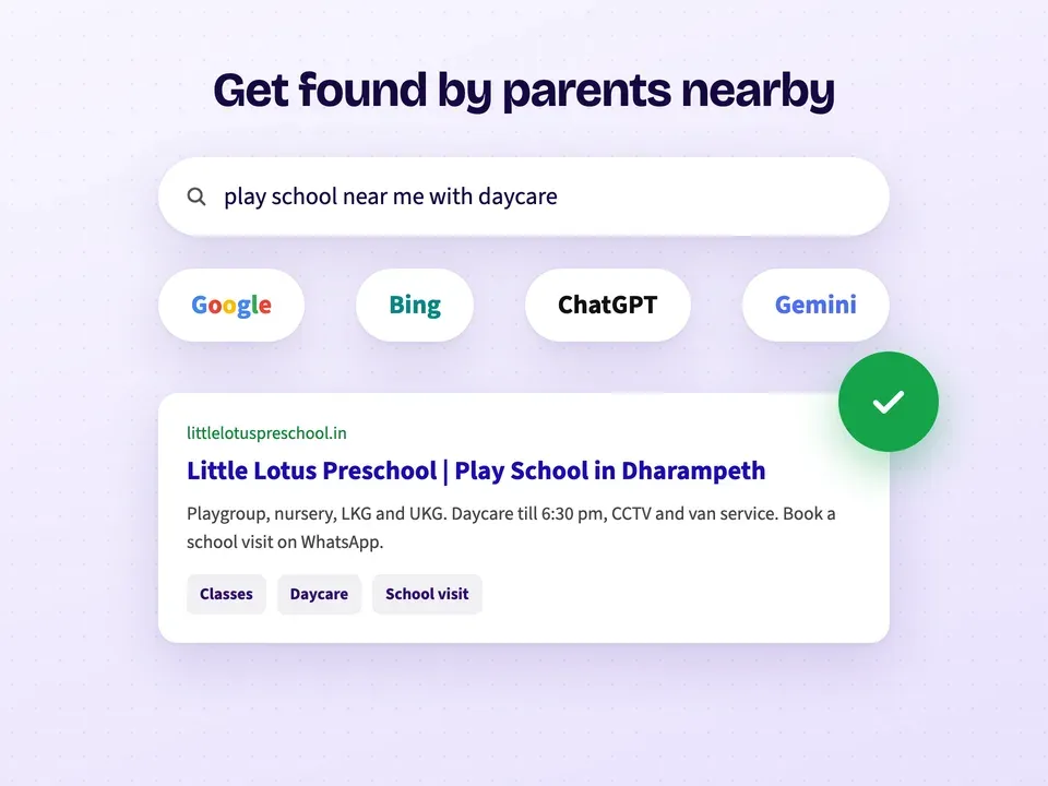 A preschool showing up for "play school near me with daycare" on Google, Bing, ChatGPT and Gemini