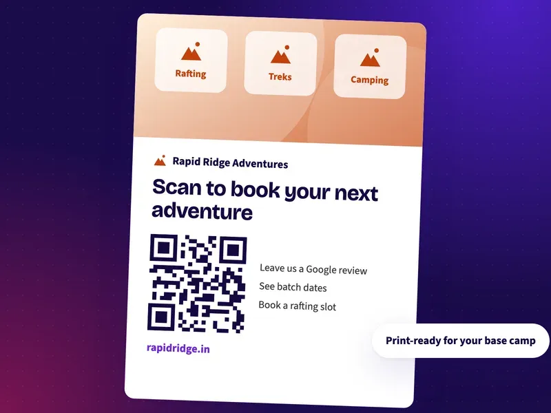 A QR code poster for an adventure tour base camp that says scan to book your next adventure