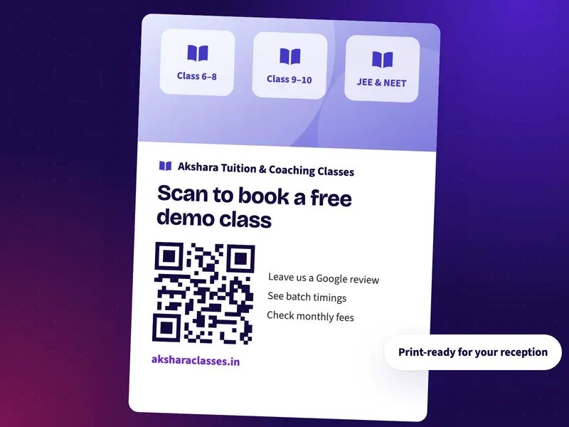 A QR code poster for a coaching centre that says scan to book a free demo class