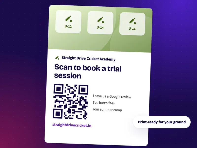 A QR code poster for a cricket academy ground that says scan to book a trial session