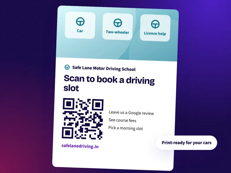 A QR code poster for a driving school that says scan to book a driving slot