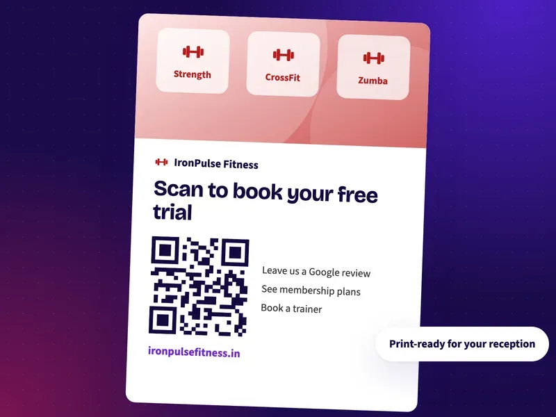 A QR code poster for a gym reception that says scan to book your free trial