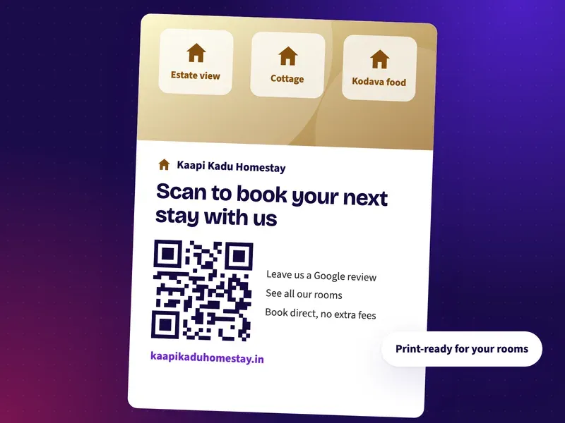 A QR code poster for homestay rooms that says scan to book your next stay with us