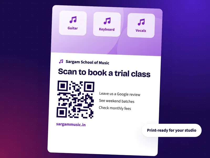 A QR code poster for a music school that says scan to book a trial class