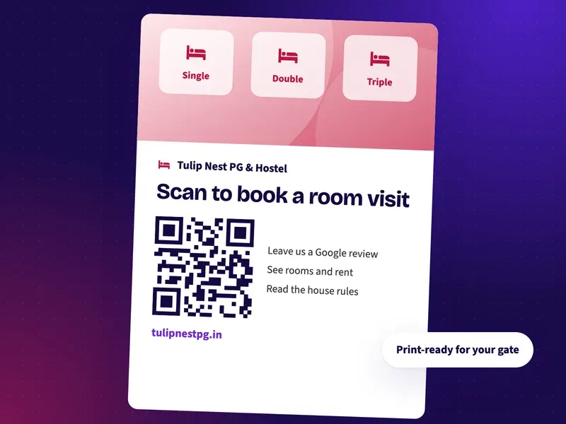 A QR code poster for a PG gate that says scan to book a room visit