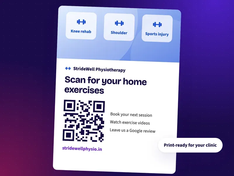 A QR code poster for a physiotherapy clinic that says scan for your home exercises and next session