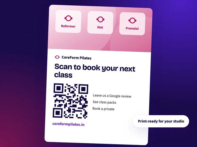 A QR code poster for a Pilates studio that says scan to book your next class