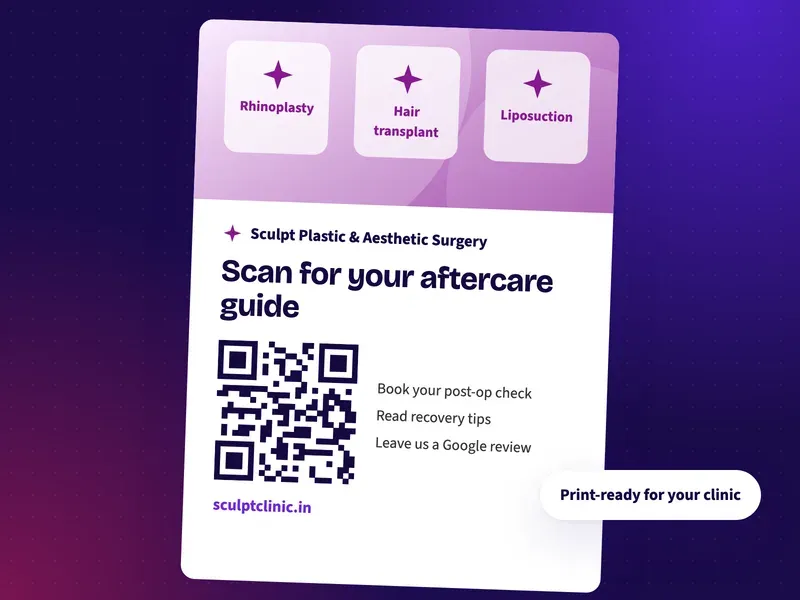 A QR code poster for a plastic surgery clinic that says scan for your aftercare guide