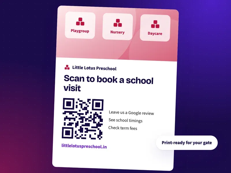 A QR code poster for a preschool that says scan to book a school visit
