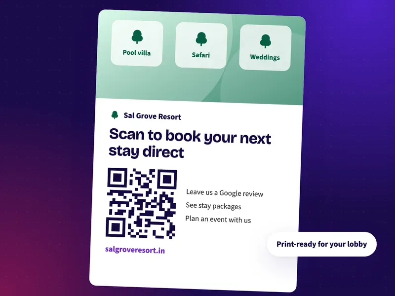 A QR code poster for a resort lobby that says scan to book your next stay direct