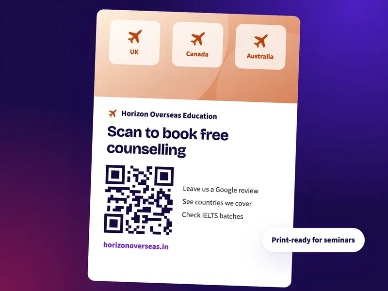 A QR code poster for a study abroad consultancy that says scan to book free counselling