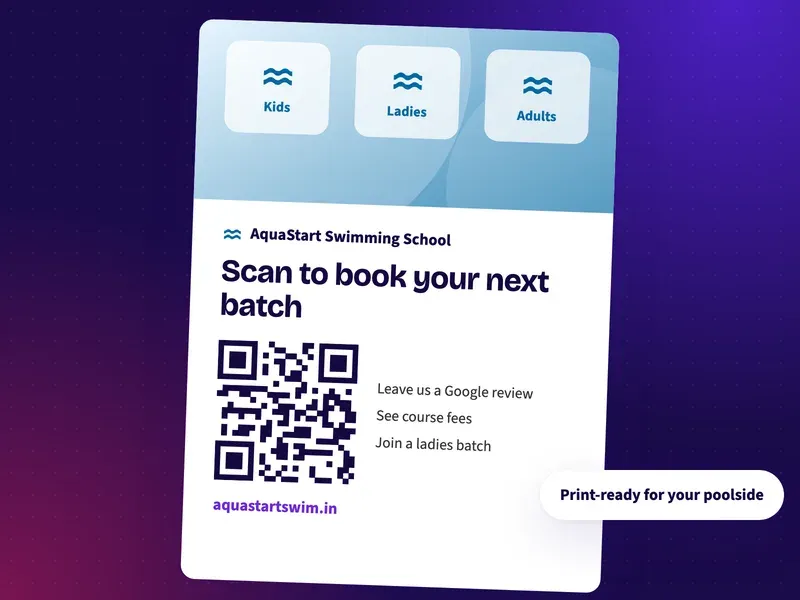 A QR code poster for a swimming school that says scan to book your next batch