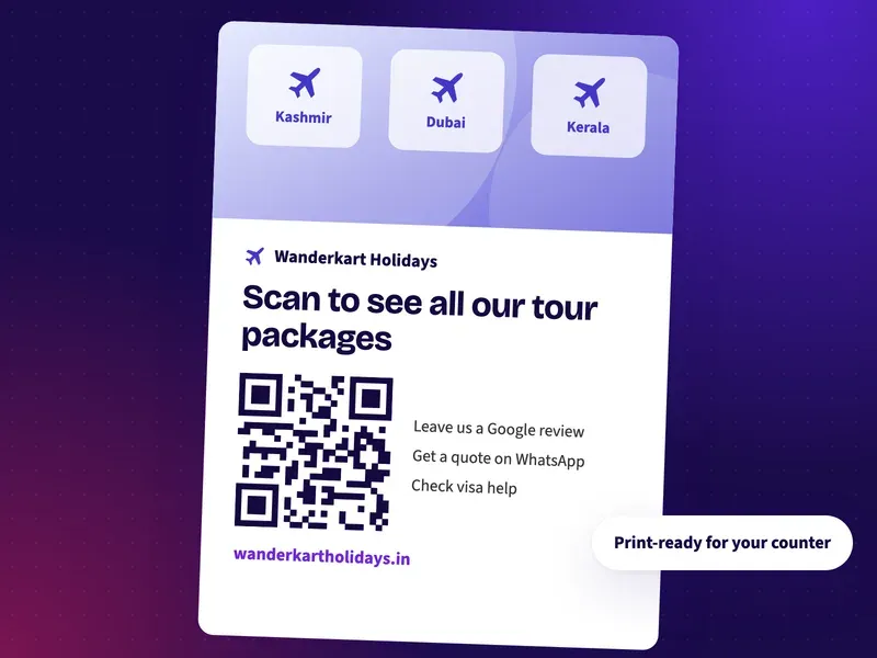 A QR code poster for a travel agency counter that says scan to see all our tour packages