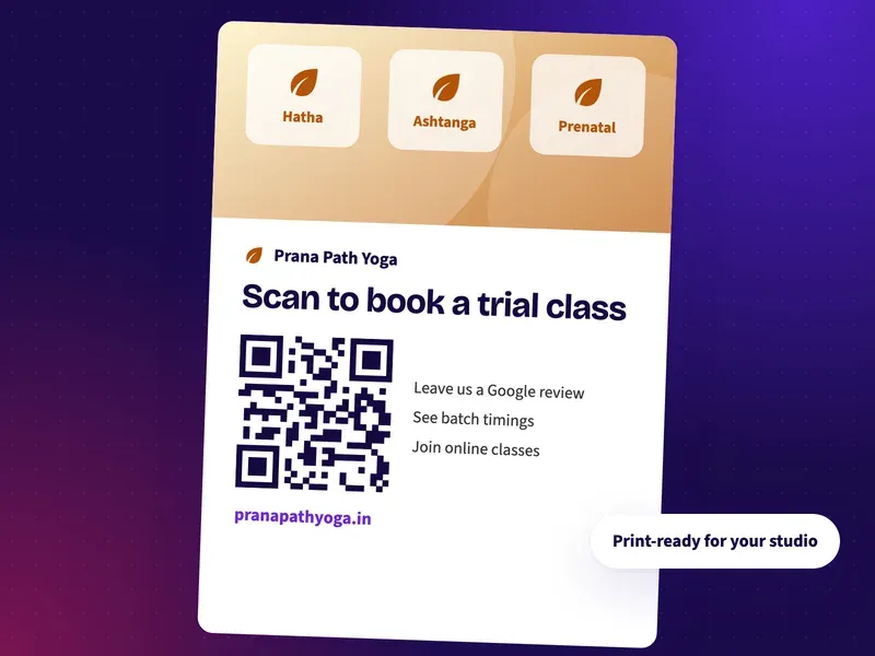 A QR code poster for a yoga studio that says scan to book a trial class