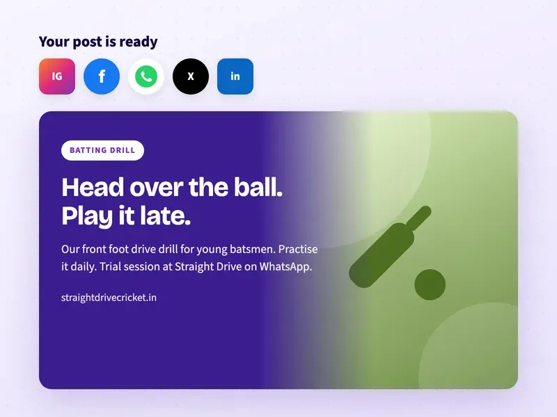 A ready social media post for a cricket academy with a front foot drive drill