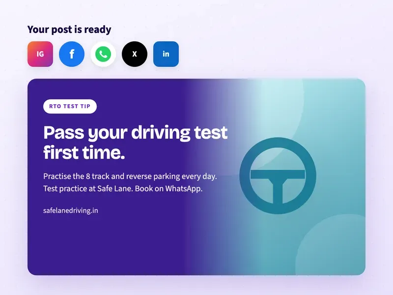 A ready social media post for a driving school about passing the RTO driving test