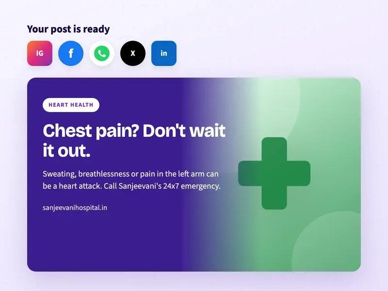 A ready social media post for a hospital about the warning signs of a heart attack and the 24x7 emergency