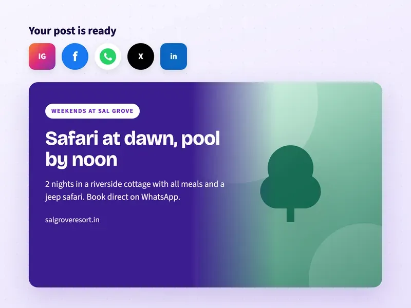 A ready social media post for a jungle resort about safari mornings and the pool