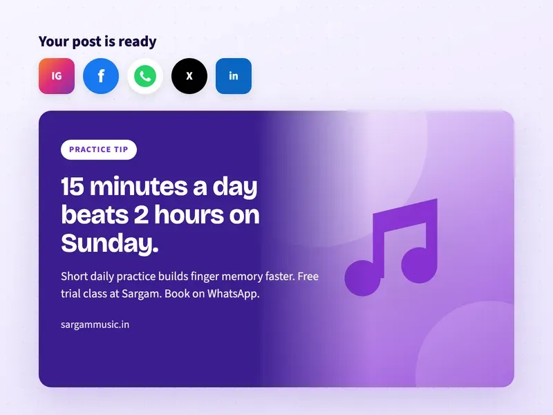 A ready social media post for a music school about 15 minutes of daily practice